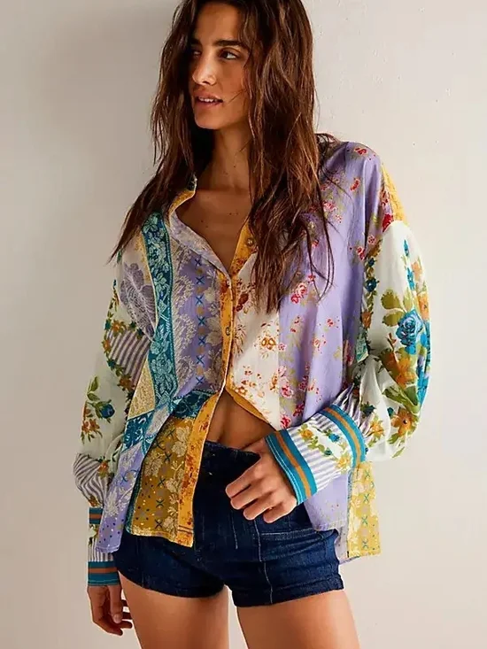 Free People Patchwork Floral Button-Down Shirt in Lavender, Yellow & Teal - Picture 1 of 4